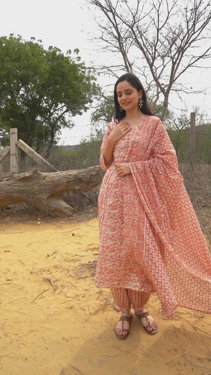 Summer Pastel Gold Print Kurta Set with Afghani Pant
